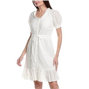 Nanette Lepore Mila Eyelet Dress White Cottagecore Ruffle Tie waist Coastal SZ 8